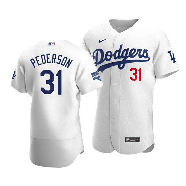 Men's Los Angeles Dodgers #31 Joc Pederson 2020 White World Series Champions Patch Flex Base Sttiched MLB Jersey